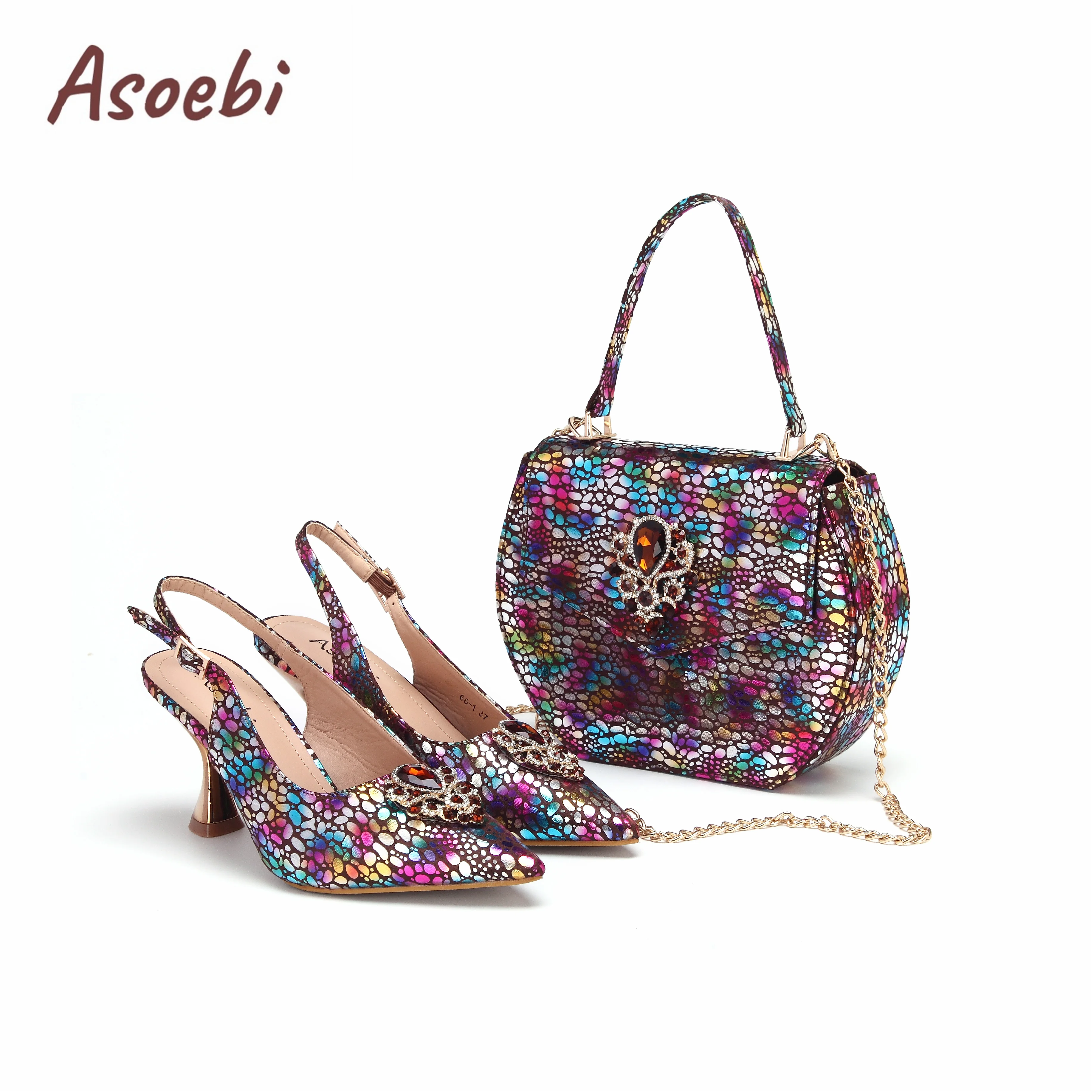 2024 Coffee Italian Design Thin Heel Mixed Color Ladies  Bag And Shoes For Nigerian Women  Wedding Party One