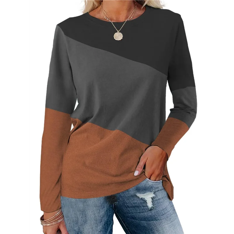 ABP-Tops de bloques de color para mujer, camisas informales de manga larga con cuello redondo y túnica