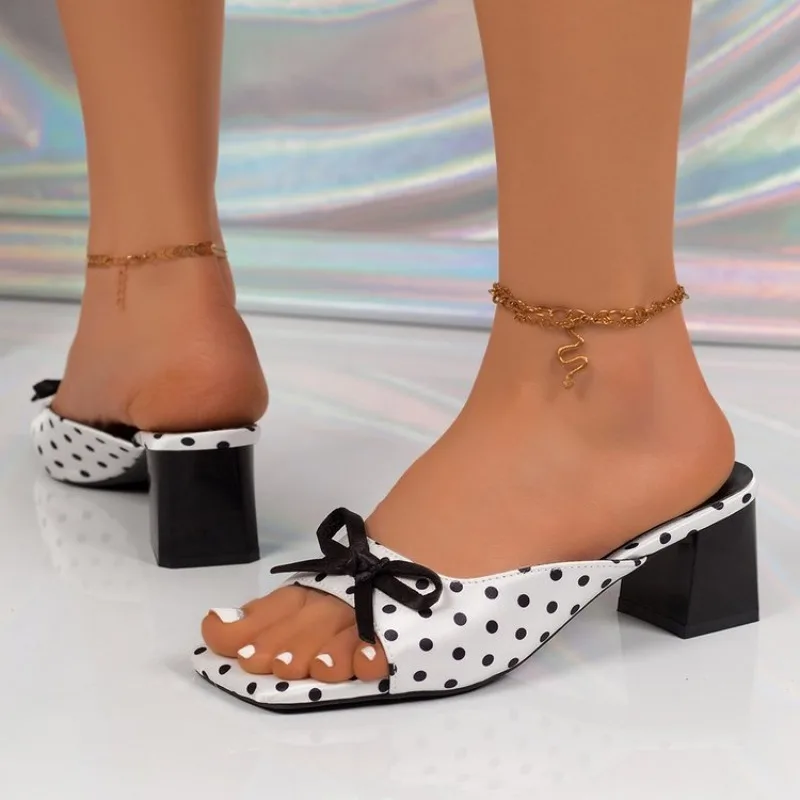 

French Vintage Polka Dot Bow Knot Chunky Heel Open Toe Sandals Women Summer New Style Comfortable Female High Heels Sandals