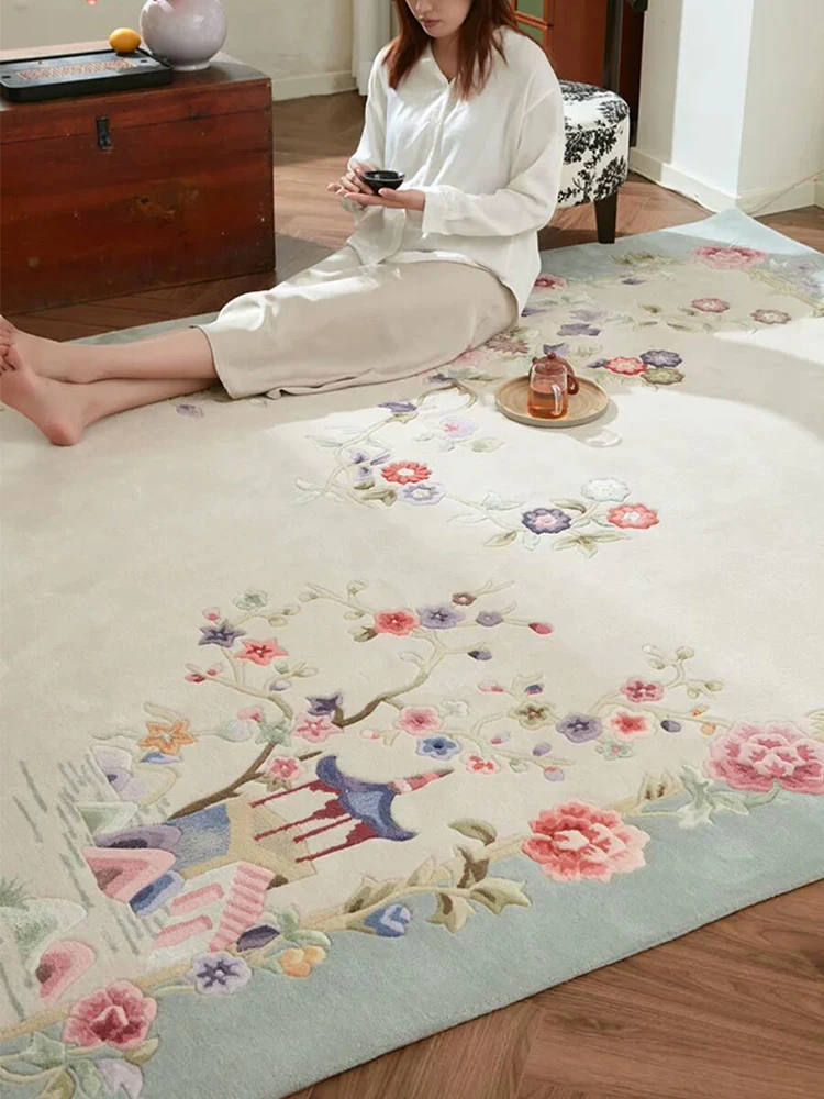 New Chinese Stye Pink Flower Light Green Carpet Handmade Thick Wool Living Room Large Rug Customize Coffee Table Mat Bedroom Rug