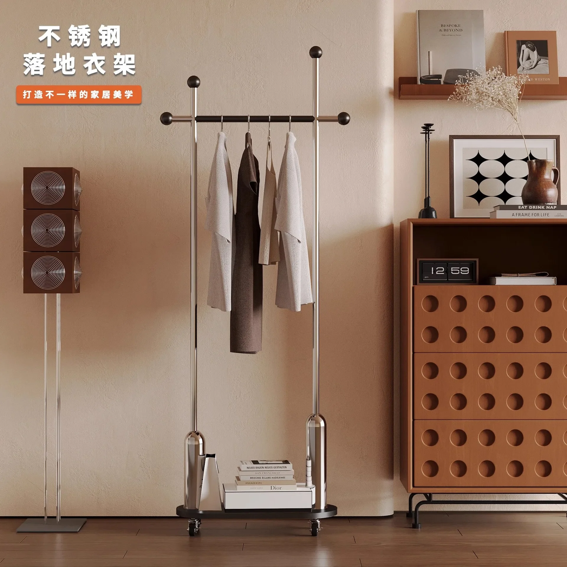 High-grade stainless steel hanger coat rack floor-to-ceiling storage mobile home bedroom hanger clothing display rack