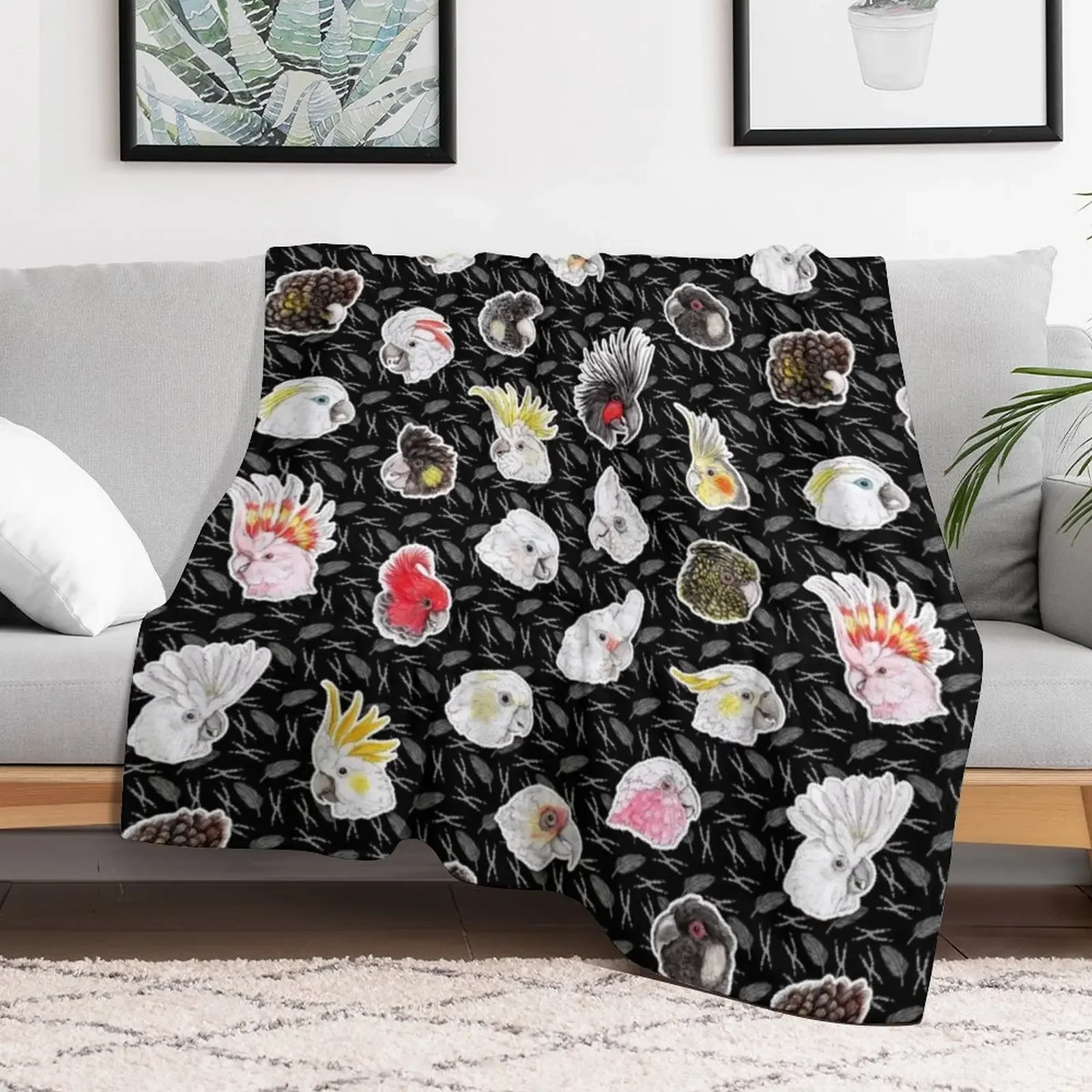 21 Cockatoos (in black) Throw Blanket Travel Size Cozy Blanket for Plane Train