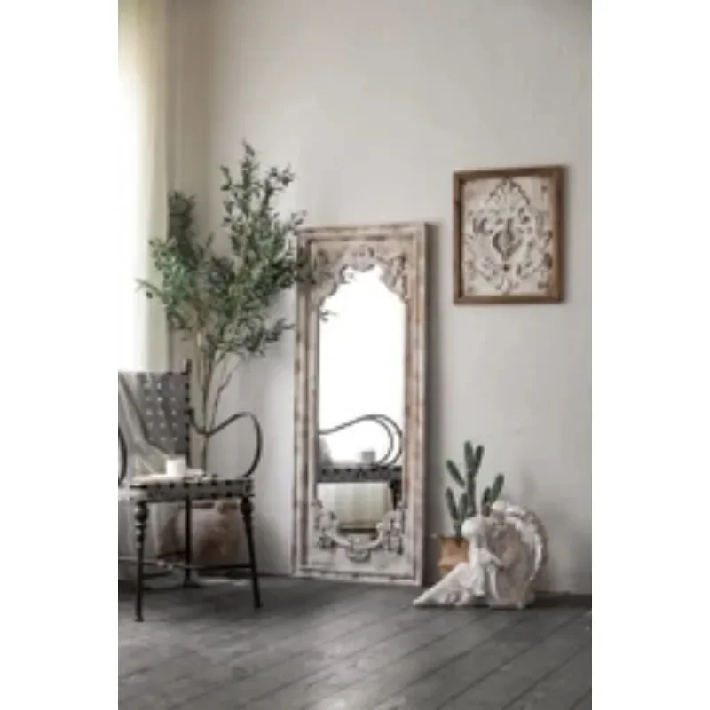 Stock large size decorative plain retro white wood wall worn hanging long square frame mirror