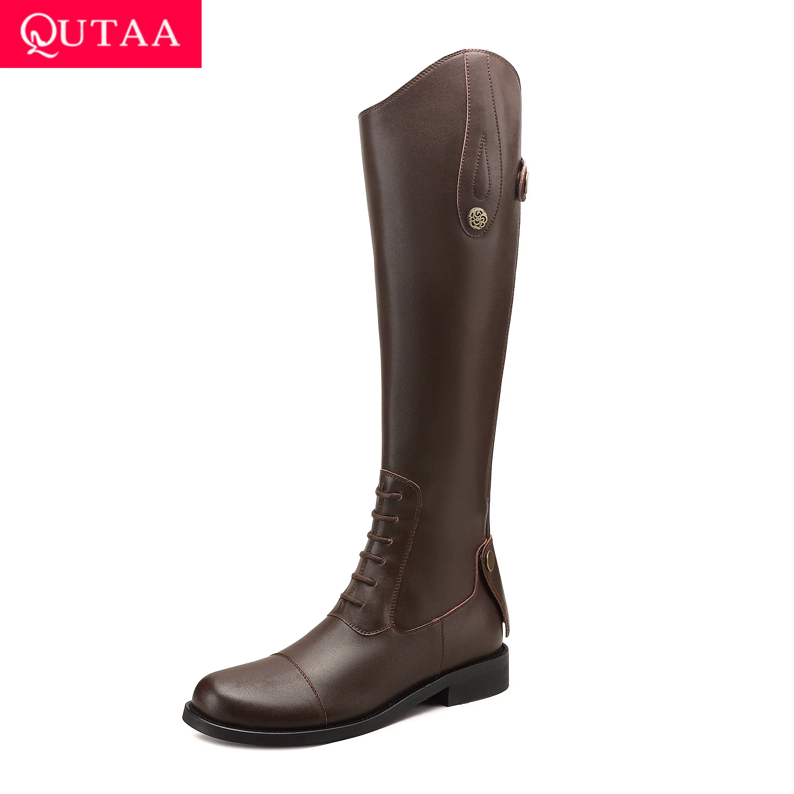 

QUTAA 2026 Winter Women Knee High Boots Pointed Toe Fashion Woman Shoes Low Heels Cow Leather Motorcycle Long Boots Black 34-43