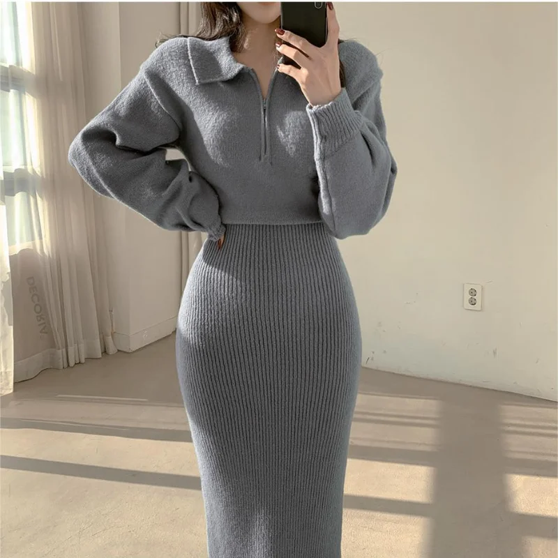 Autumn and Winter Retro Korean Version of Long-sleeved Knitted Dress Women\'s Zipper Lapel Elegant Warm Mid-length Jumpsuit Long