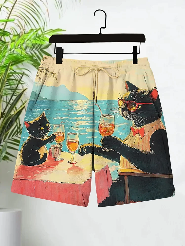 Men's summer quick-drying beach shorts 3d kitten print breathable surf pants loose holiday seaside casual pants