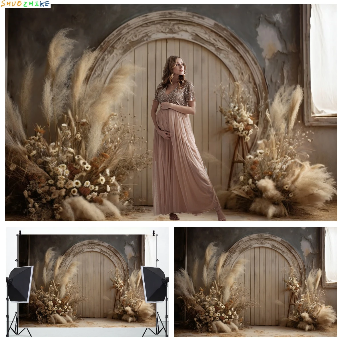 

Boho Pampas Grass Backdrops Retro Wall Wedding Portrait Birthday Party Decor Maternity Dresses Photoshoot Photography Background