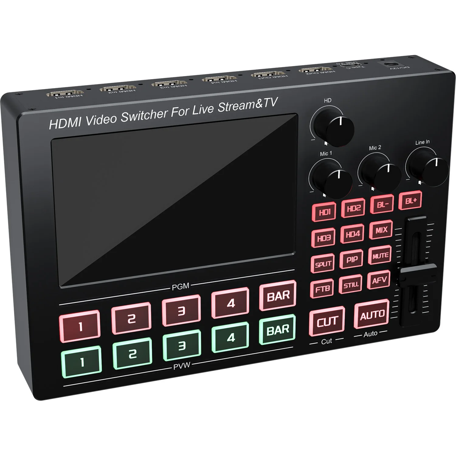 1080P 4 Channel HDMI Live Streaming Video Mixer Switch Live Broadcast Video Switcher with 5 Inch Screen Mic Line in Audio Mixing