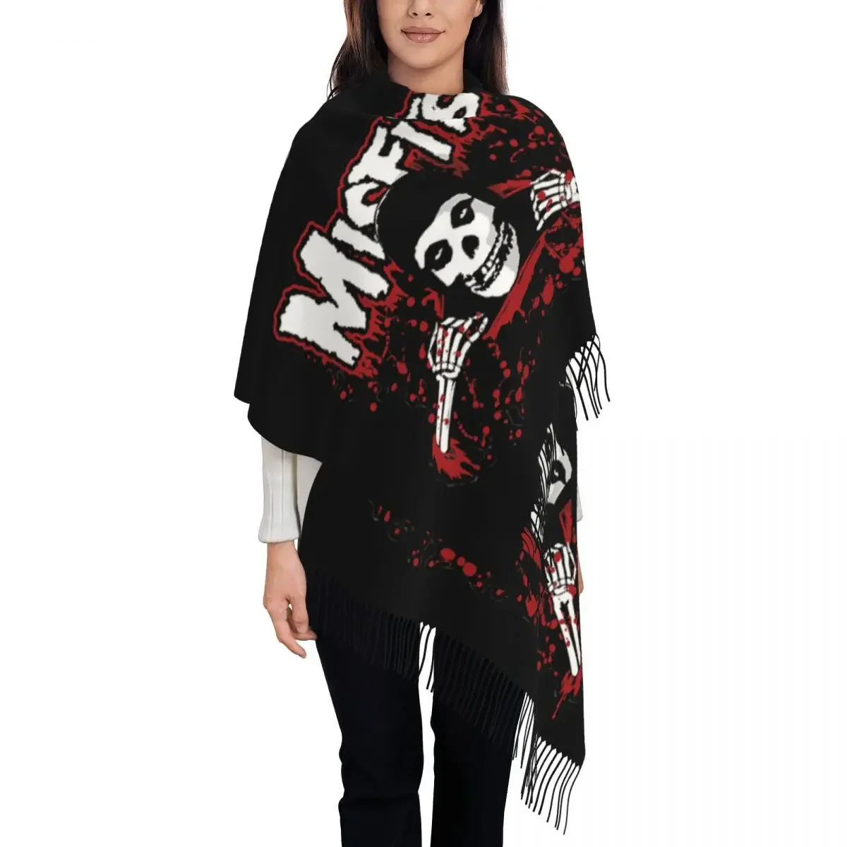 Custom Female Long Horror Punk Rock Misfits Skull Scarves Women Winter Fall Thick Warm Tassel Shawl Wrap Scarf