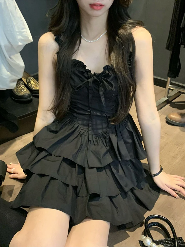 Abito camis nero senza maniche da donna Abito francese con fiocco dolce con lacci Abito da torta sottile Sexy con spalle scoperte Pieghe Abiti da festa Nuovo