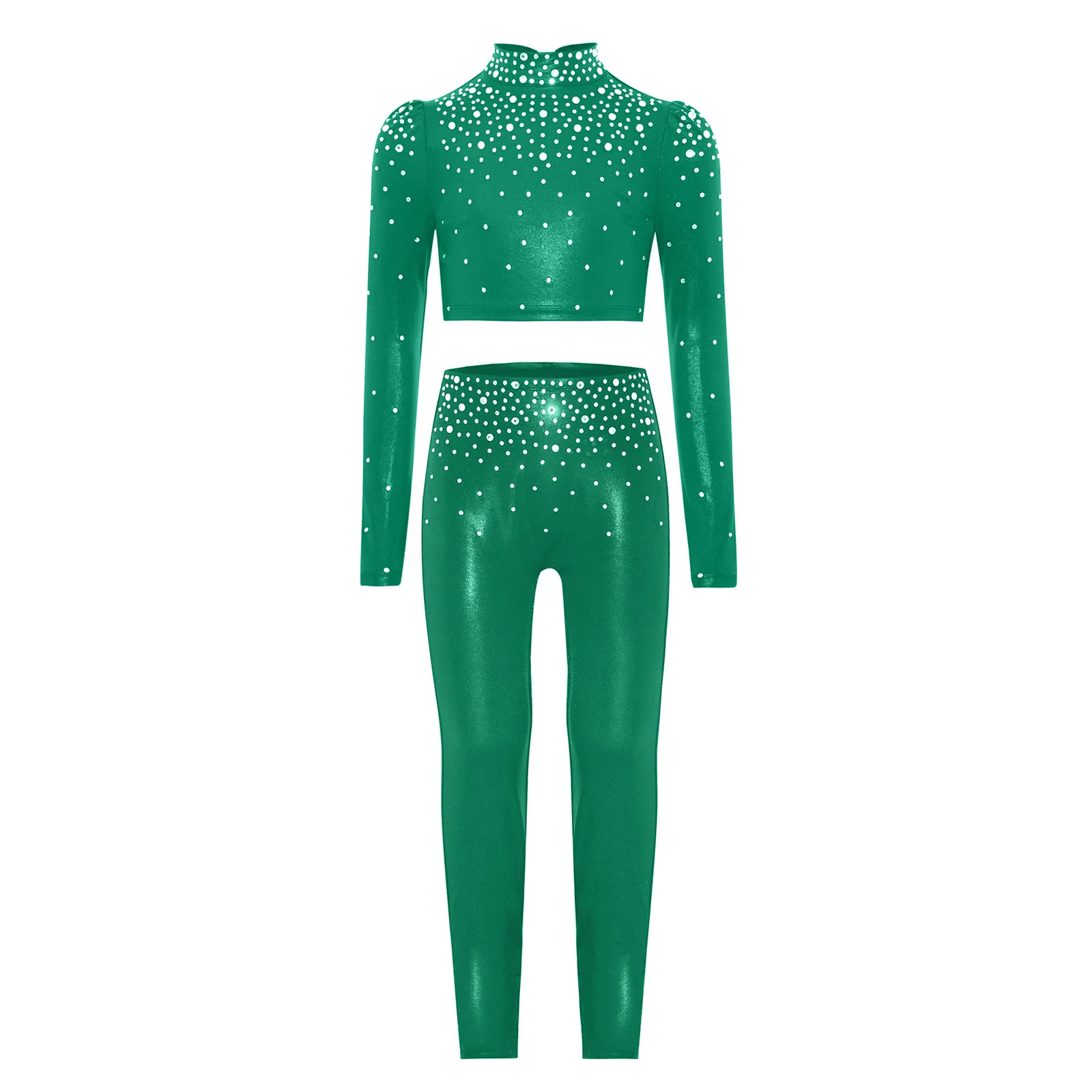 Kids Girls Gymnastics Costume Shiny Rhinestones Ballet Dance Crop Tops with Leggings Figure Skating Acrobatics Yoga Dancewear