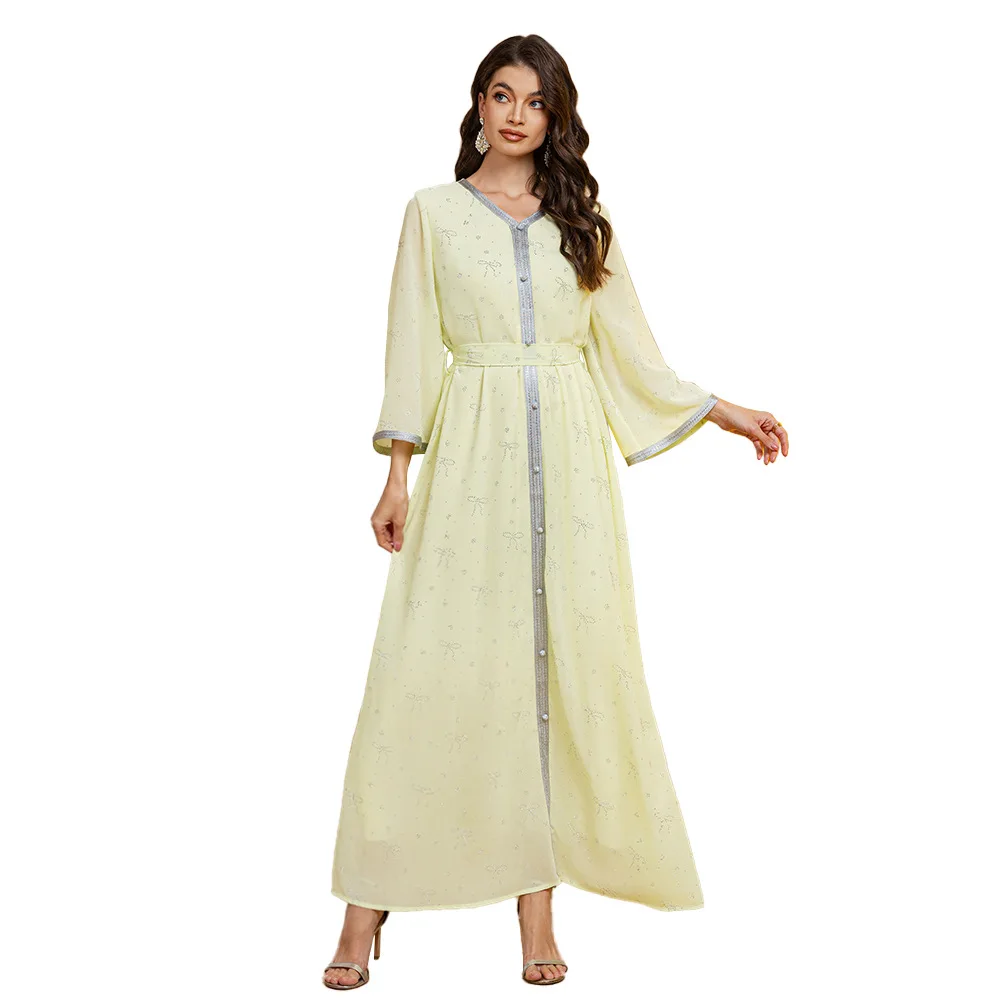Middle East New Women's Chiffon Hot Diamond Abaya Muslim Robe Arabian Dress Robe Loose