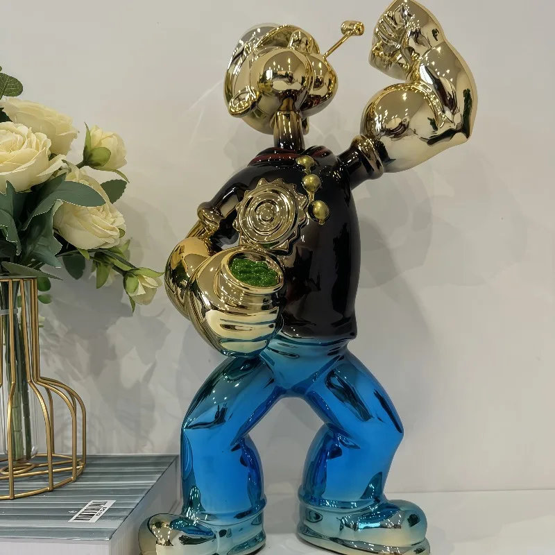 Cartoon Character Figurine Ornament Sailor Man with Spinach Can Statue Sculpture Creative Luxury Livingroom Figurines Home Decor