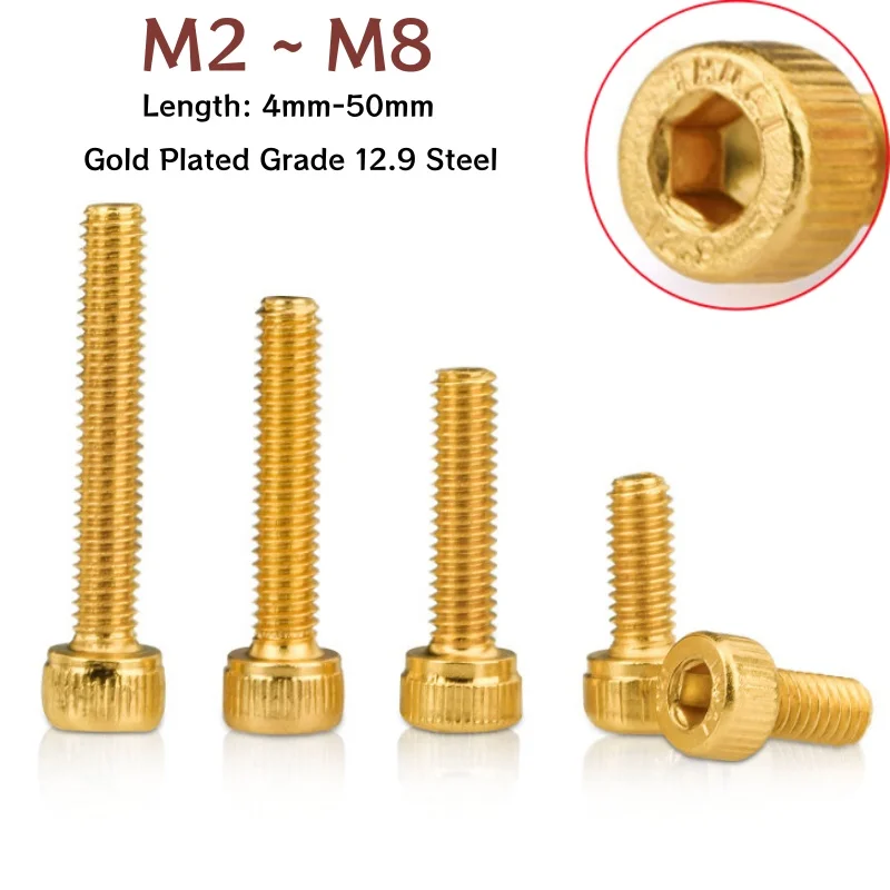 

Gold Plated Allen Screw M2 M2.5 M3 M4 M5 M6 M8 Grade 12.9 Steel DIN912 Hexagon Hex Socket Cap Allen Head Bolt Screw