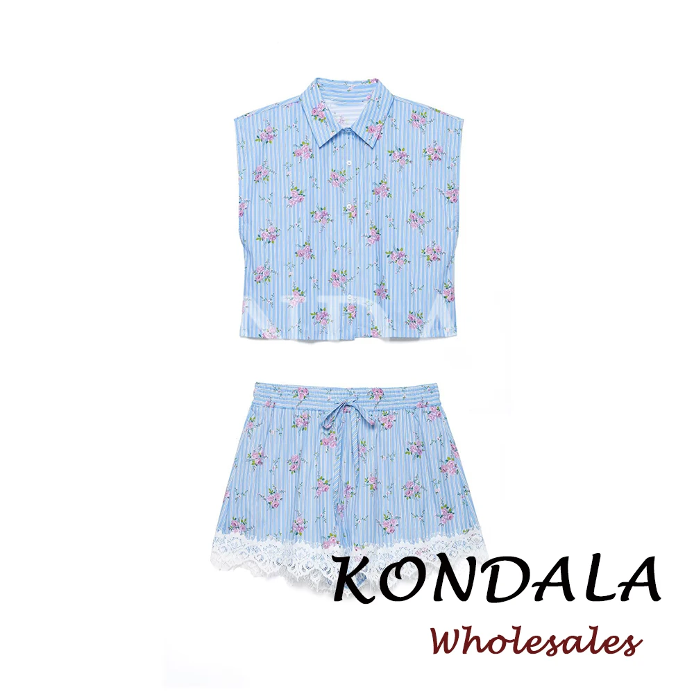 

KONDALA Print Blue Striped Floral Woman Suits Single Breasted Folds Vest+Drawstring Lace Shorts Fashion 2026 Summer Casual Sets