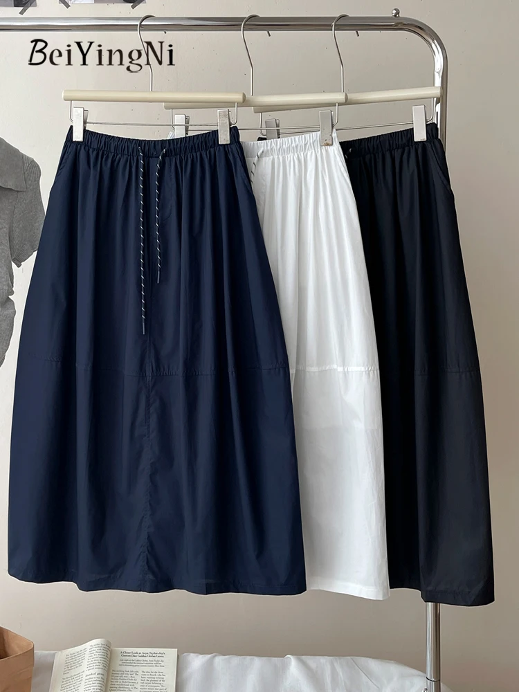 

Beiyingni Japanese Style Lantern Skirt 2025 Summer Casual Women's Elastic Waist Cargo Midi Skirts Vintage Plain Chic Slim Faldas