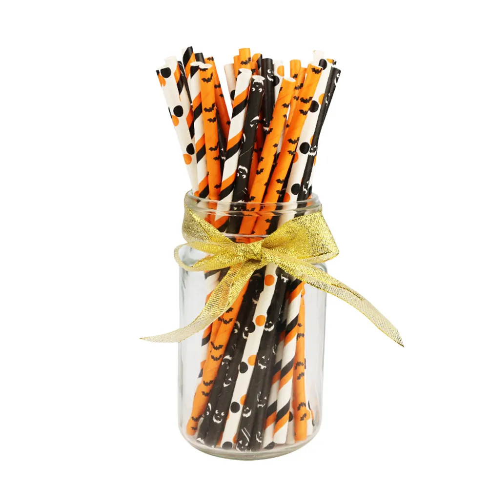 50Pcs Festive Bat Design Degradable Paper Straws Health Safe Decorative Straws for Hawaiian Birthday Halloween Celebrations