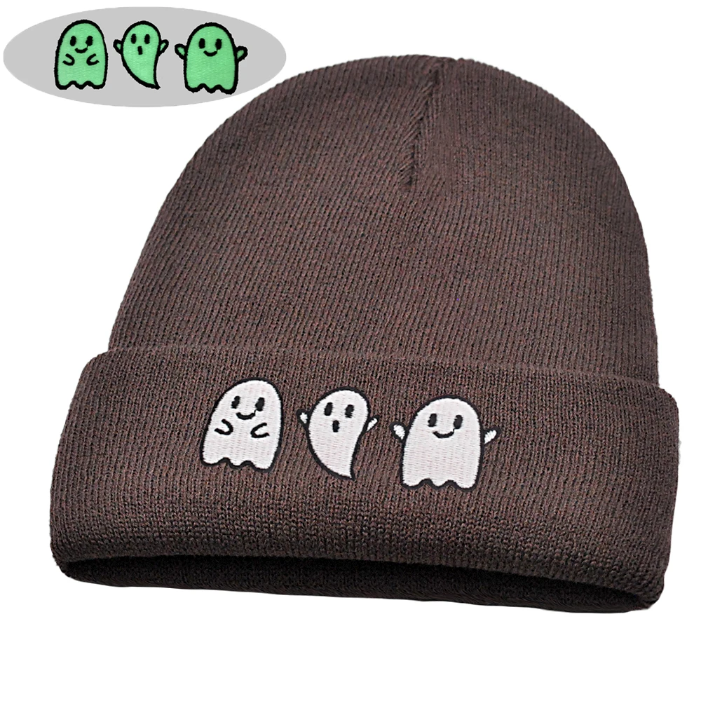 Halloween Ghost Beanie Luminous Embroidered Knitted Hats Unisex Ski Outdoor Hat Glow in The Dark