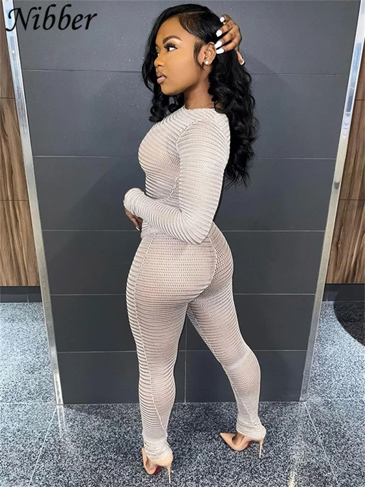 Nibber Mesh Thin Two Piece Set Women Sexy See Through Long Sleeve Crop Tops+Leggings Matching Solid Midnight Stretch Clothing