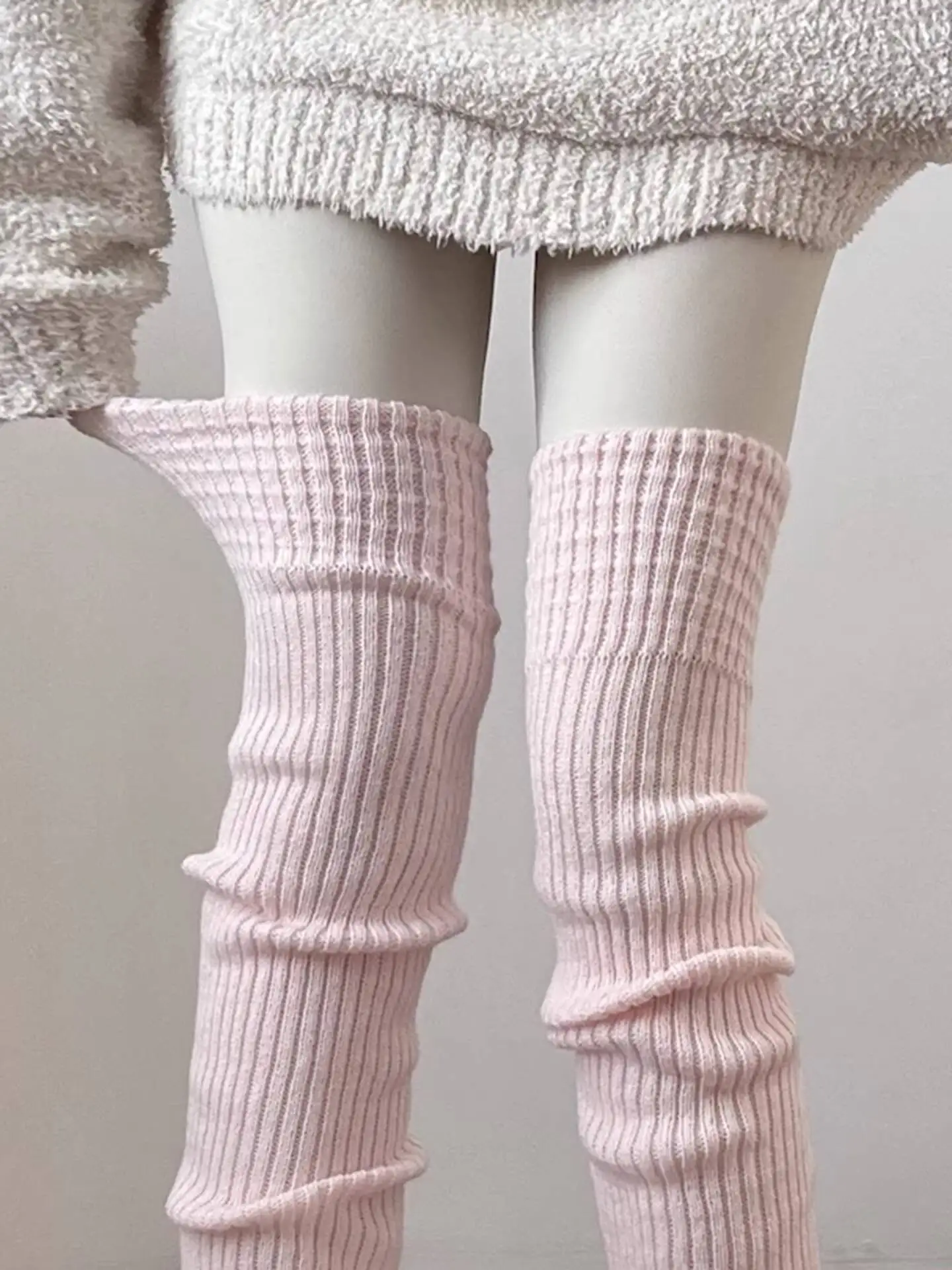 Y Demo 75cm Pink Rib Knit Thigh-High Leg Warmers Women Winter Casual Leg Sleeves Ballet Elastic Layered Pile Socks