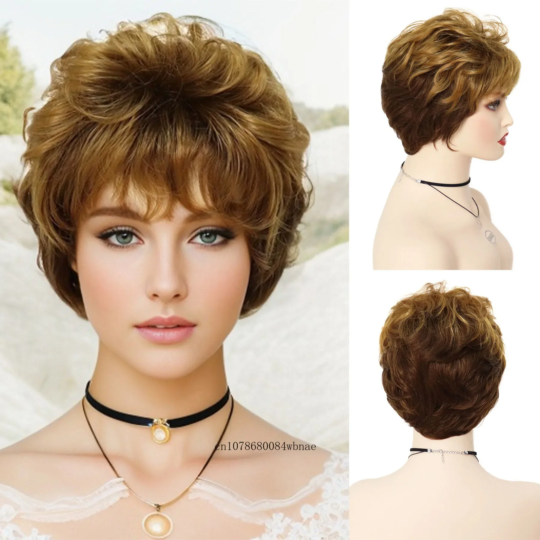 Synthetic Short Pixie Cut Wig with Bangs Golden Brown Wigs for Women Lady Daily Dress Costume Party Mommy Gifts Fluffy Hair