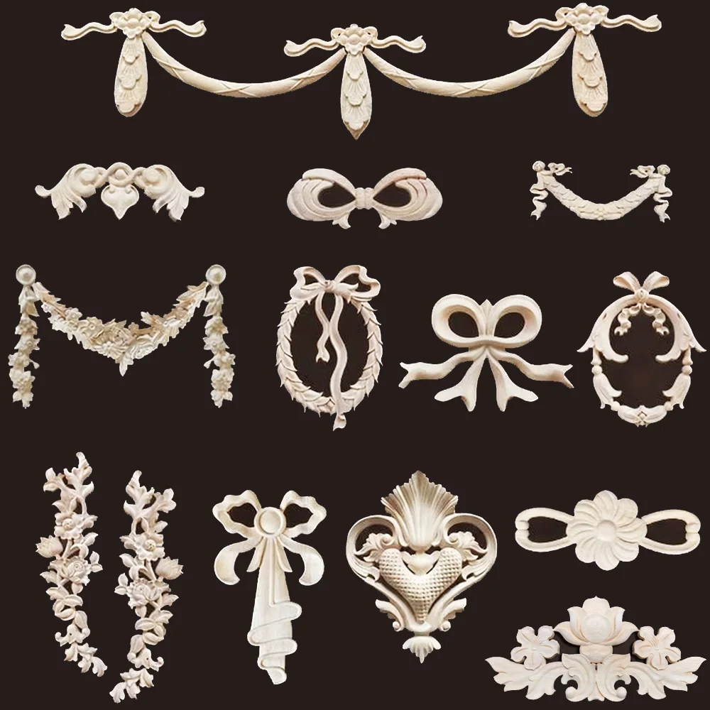 1PC Unpainted Wood Appliques Carved Wave Flower Onlay Decal for Home Furniture Door Decor Craft Art