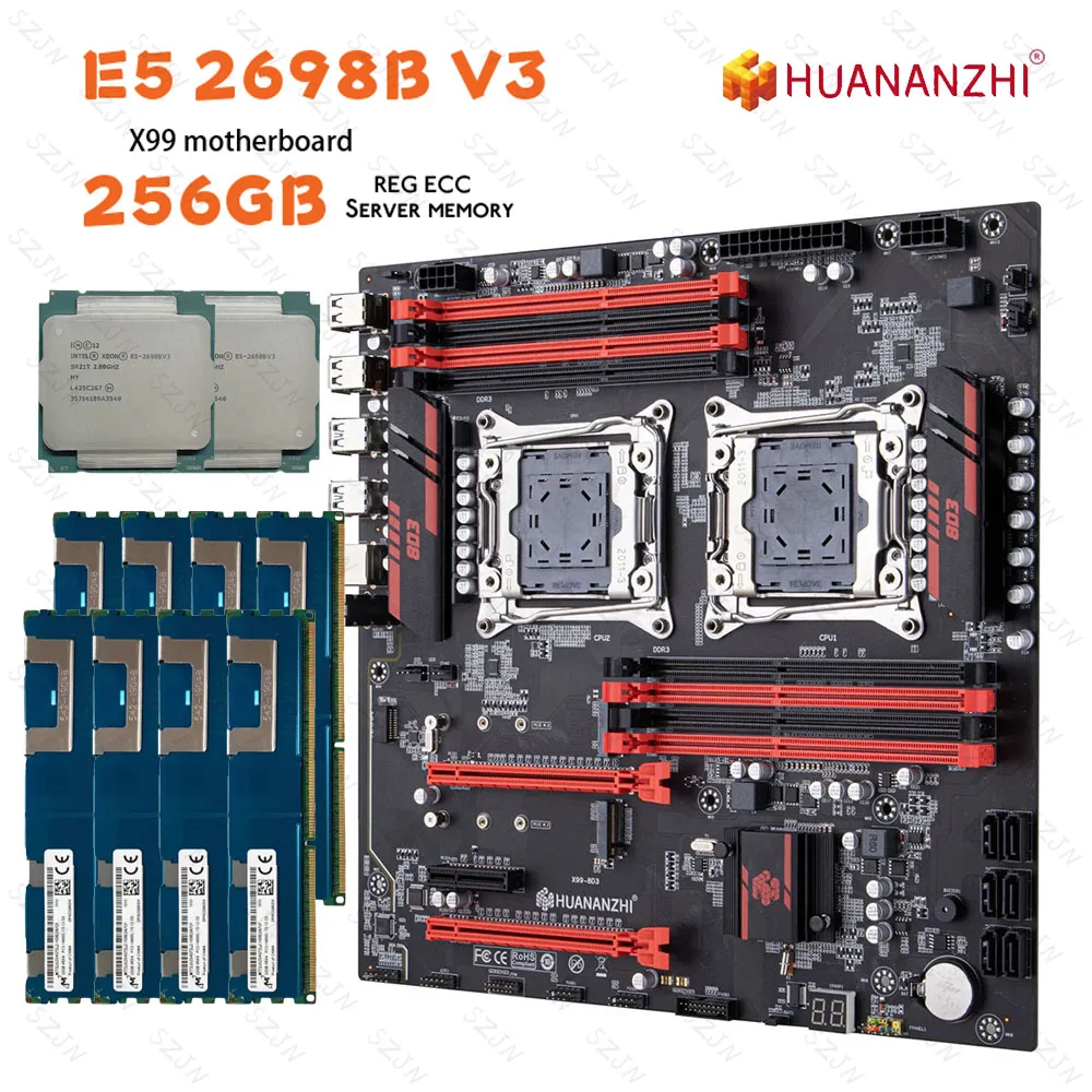 HUANANZHI Dual CPU Motherboard Kit LGA 2011-3 XEON E5 2698B V3 256GB Memory DDR3 RECC Support M.2 NVME X99 Sever Set