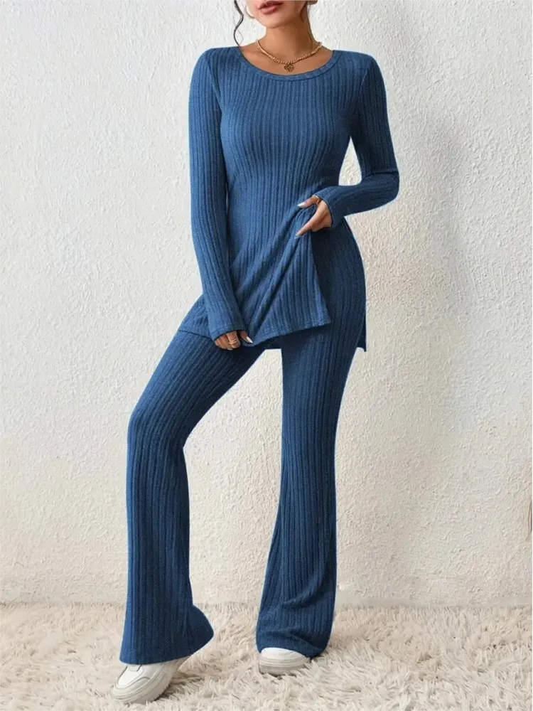 2024 Fall Winter Knitted 2 Piece Suits Women Long Sleeve Ribbed Slit Long Top And High Waist Pencil Pants Set Fashion Outfit