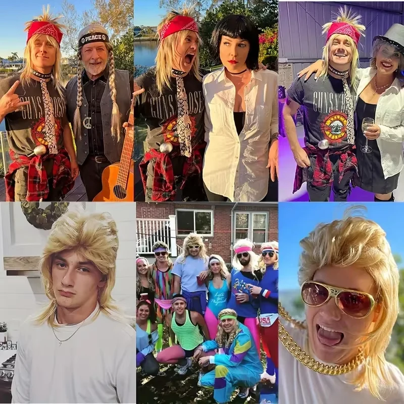 Pelucas Punk Rock de los años 80 para hombre, peluca ondulada Natural de fibra sintética resistente al calor de 20 pulgadas para hombres, disfraces de fiesta y banda de Halloween