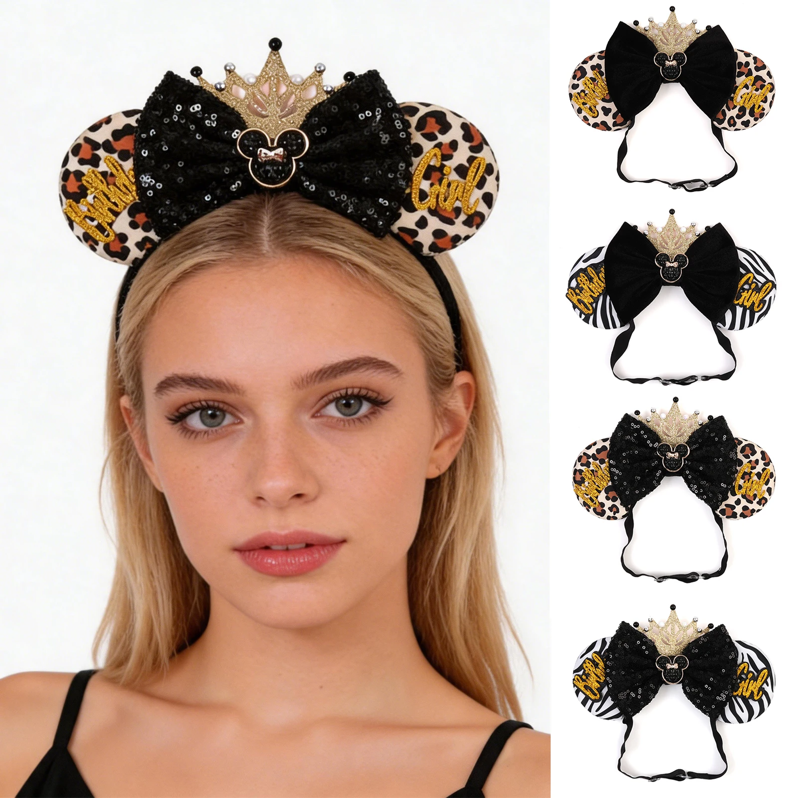 1pc Bandeau Élégant Oreilles de Souris avec Paillettes, Nœud et Couronne, en Nylon Réglable, pour Fêtes, Festivals, Parcs, Accessoires Cheveux