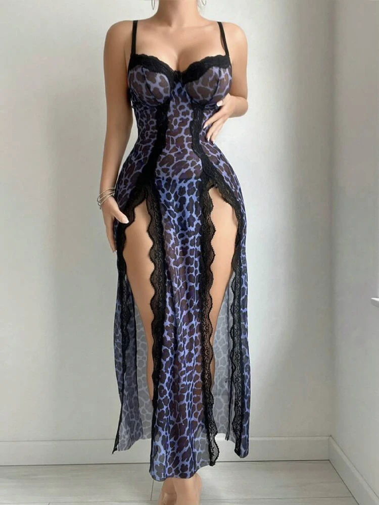 

Sexy Adult Lingerie Female V-Neck Nightdress See Through High Split Pajama Dress Leopard Print Sleepwear Lace Trim Evening Dress