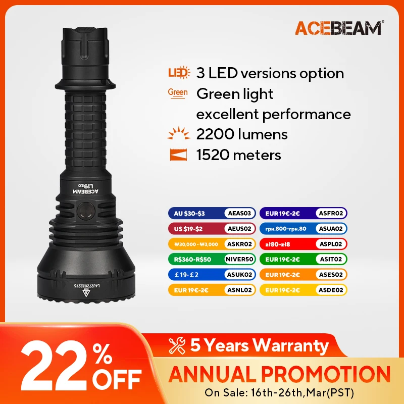 ACEBEAM L19 2.0 Hunting Flashlight 2200 Lumens 1184 Yards Long-Rang Rechargeable Flashlight for Night Hunting