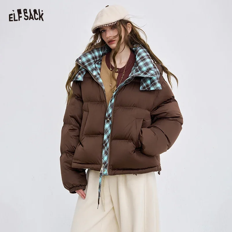 ELFSACK 2025 Reversible Puffer Jacket Women, Y2K Hooded High-Neck Short Down Coat, Preppy Casual Two-Sided Winter Jacket