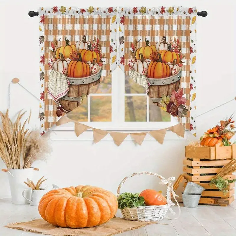 VIKAMA Fall Triangle Curtain Pumpkin Barrel Plaid Maple Leaf Print Swag Valance For Kitchen Window Living Room Autumn Decor