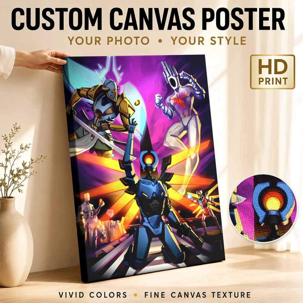 Robotic Figures In A Dynamic Scene Framed Canvas Poster Custom Modern Aesthetic Canvas Wall Art for Office Decor Ready to Hang