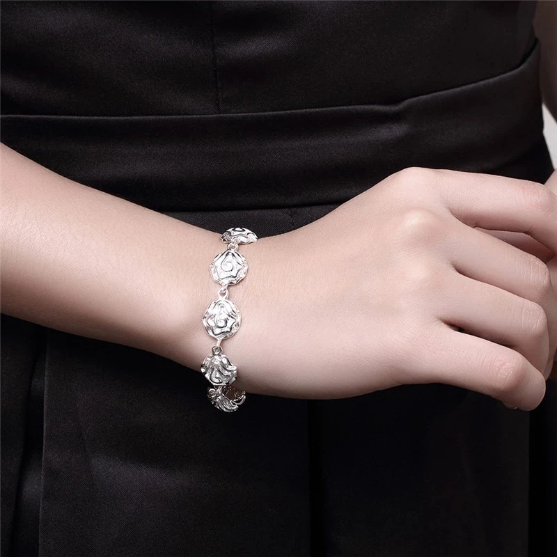 Hot sale fashion 925 Stamp Silver color Bracelet for woman Pretty Rose flower chain Wedding party Christmas Gifts good Jewelry