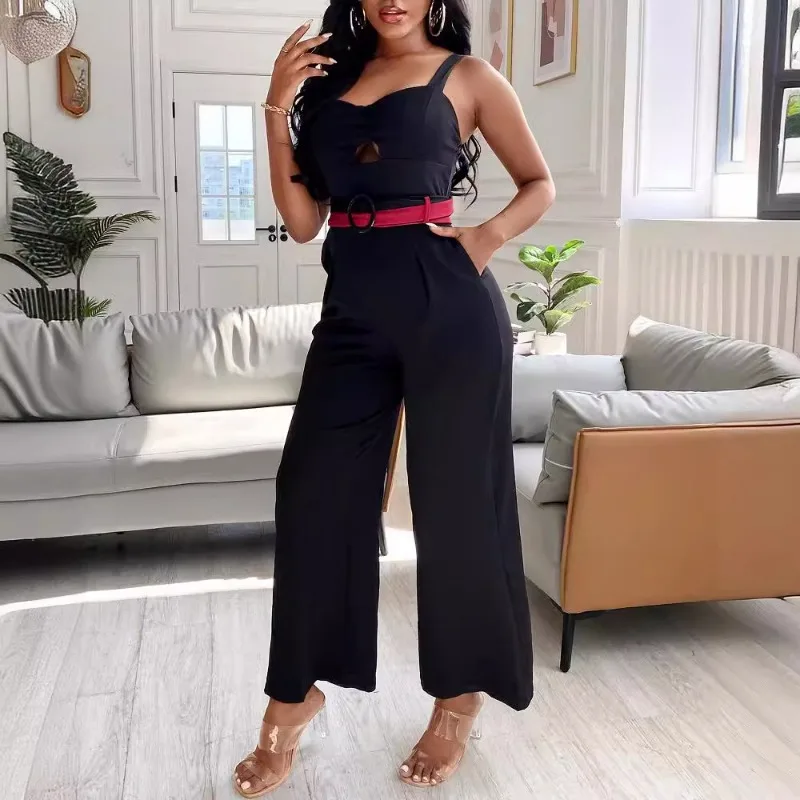 

2024 Spring Summer New Women's Clothing Solid Color Spaghetti Straps Sleeveless Hollow Out Belt One-Piece Trousers