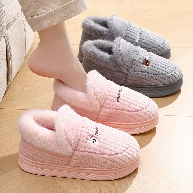 Winter Warm Slippers Women Men 4cm Thick Platform Corduroy House Shoes Cute Bunny Full Heel Plush Fleece Lined Indoor Home Boot view 6