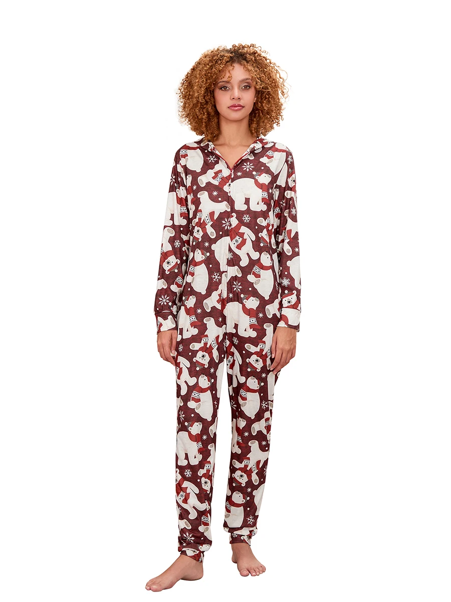 Women s Christmas Long Pajamas Romper Long Sleeve Hooded Bear Print Jumpsuit Sleepwear