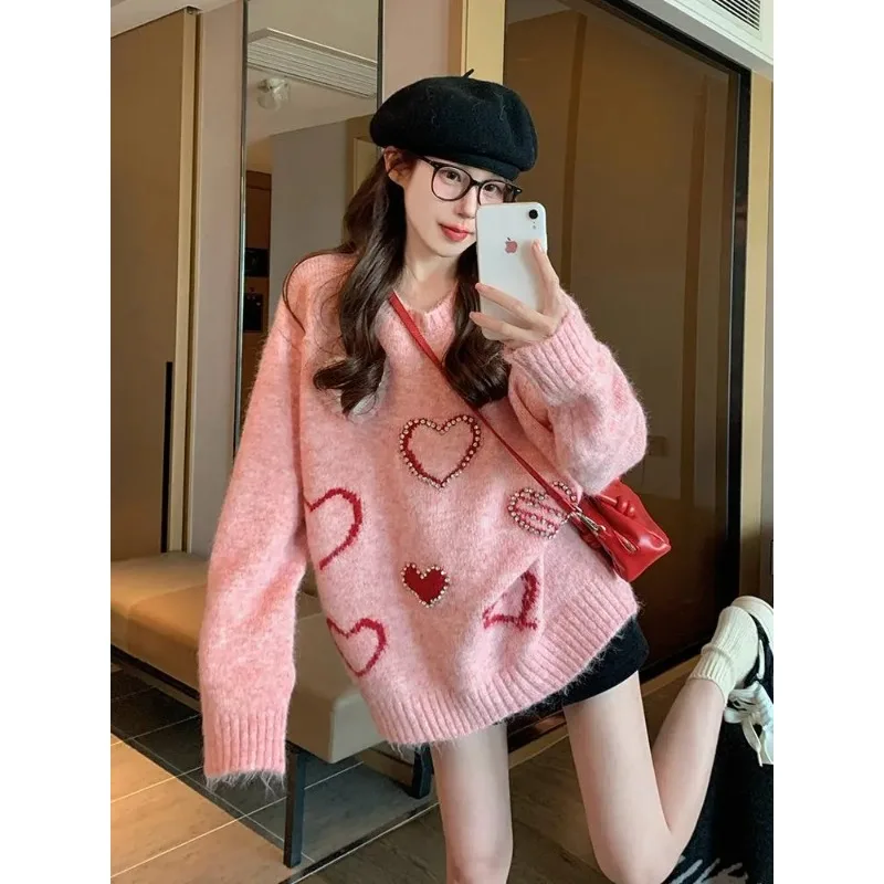 

Осенне-зимний контрастный розовый пуловер Love для женщин, утолщенный свободный повседневный свитер, топ