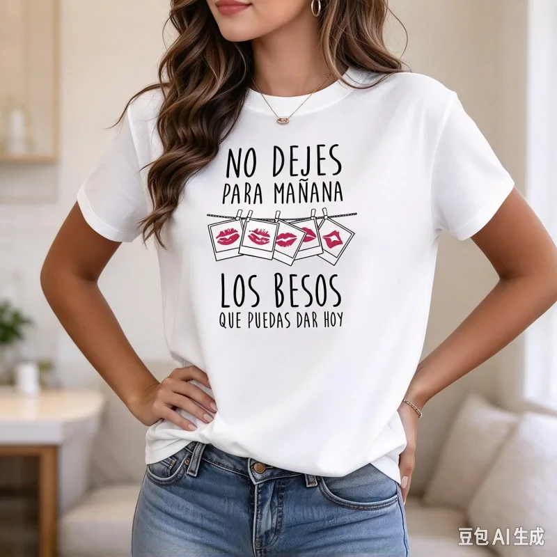 Women No Dejes Para Mañana Los Besos T-Shirt Kiss Print Top Modal Casual Spanish Quote Romantic Gift Daily Graphic Tee