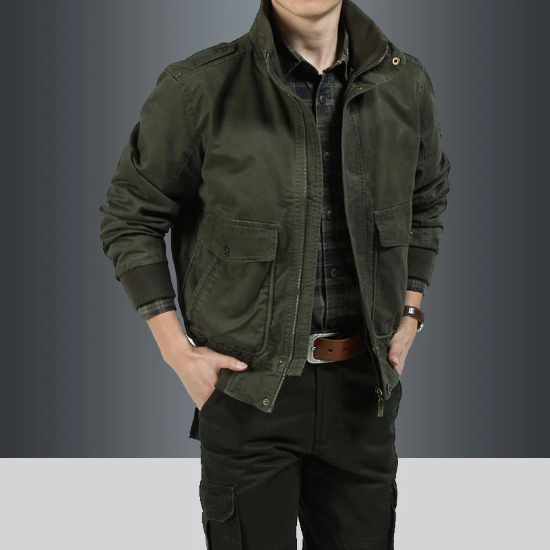 

Loose Fit Pure Cotton Jaet for Men Casual Outdoor Workwear Spring Autumn Large Size Stand Collar Multi ket Warm Coat