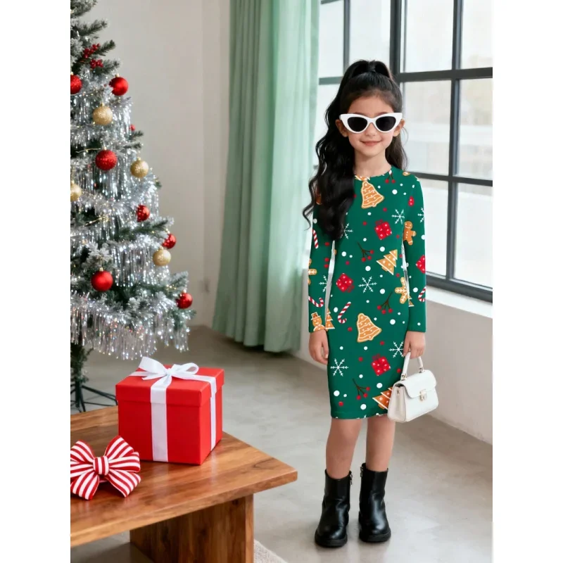 Girls Christmas Themed All-Over Printed Dress 2026 Festive Holiday Fashion for Kids