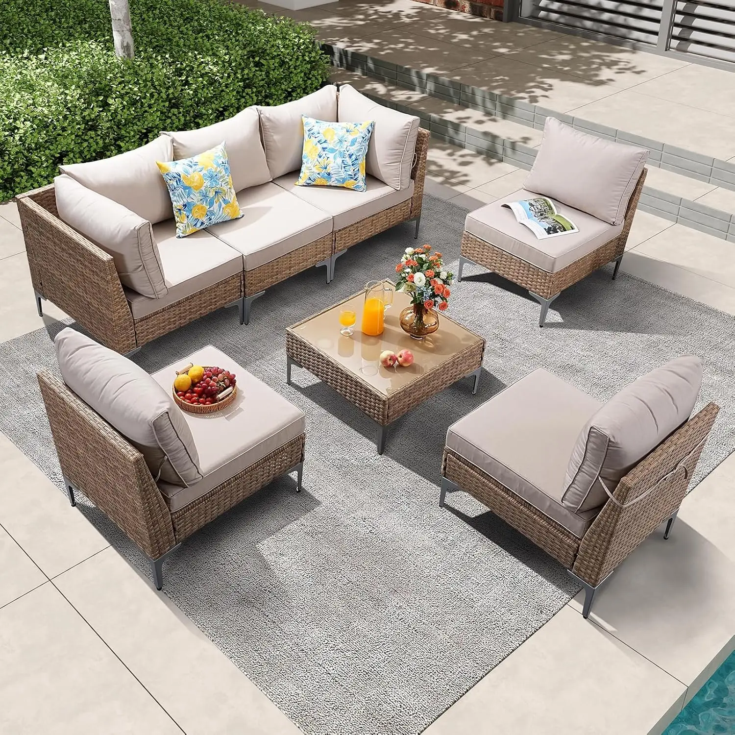 

7 Piece Patio Furniture Set, Wicker Modular Outdoor Furniture With Thicker Cushions, Outdoor Couch Sofa For Garden,, Customized