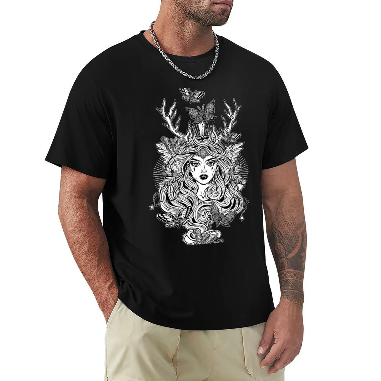 Shaman elf magic woman with deer antlers and long hair, nightn moths and butterflies. T-Shirt Anti-Wrinkle Short Sleeve T-Shirt