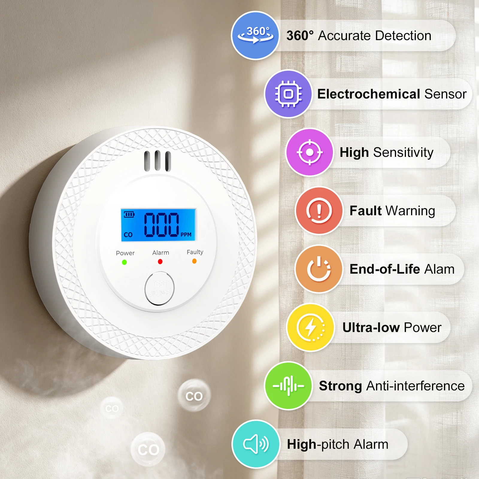Independent Carbon Monoxide Detector LCD Display DC 3V Battery Powered Fire CO Gas Monitor Alarm Apartment Home Security