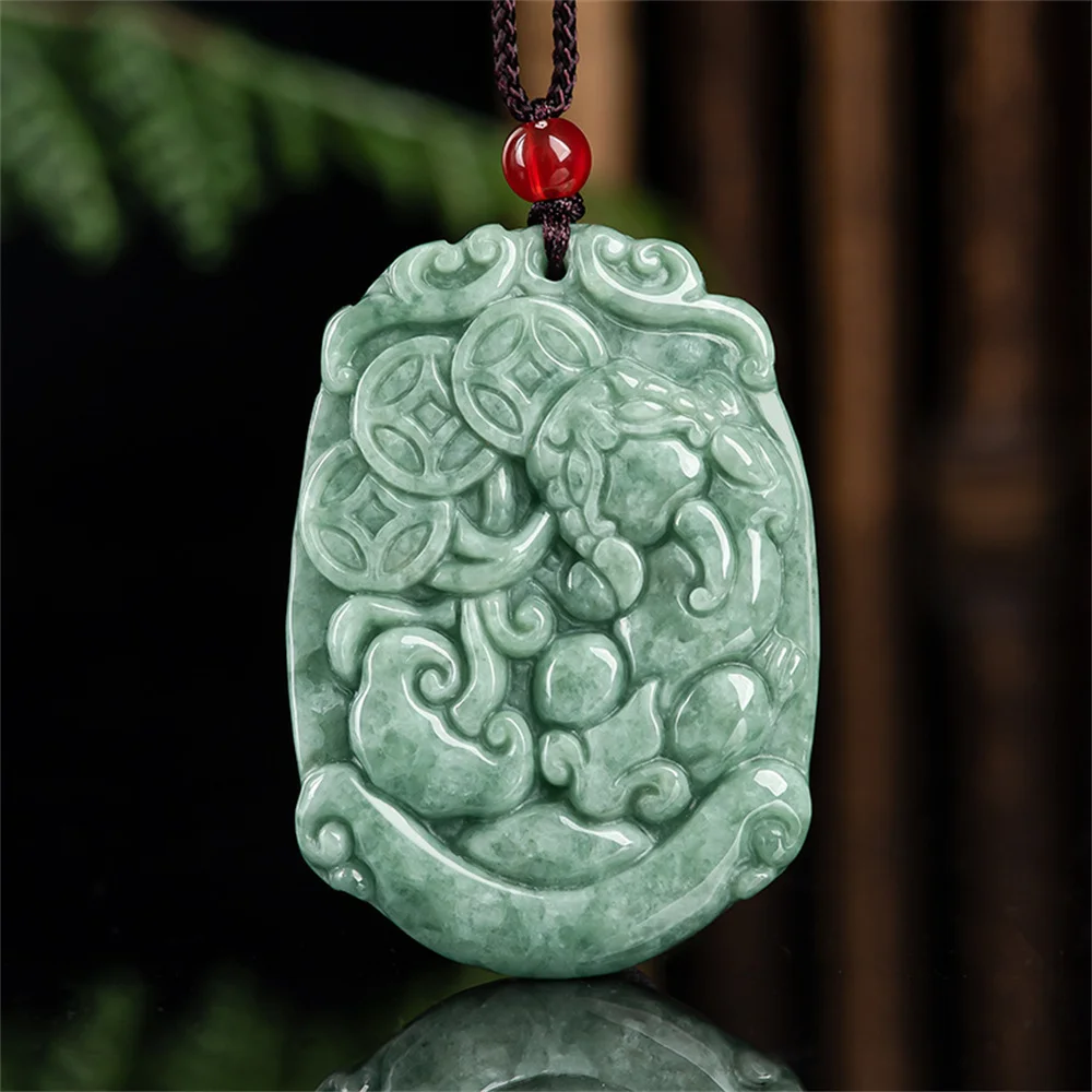 Trendy Natural Green Jadeite Hand Carved Square Coin PiXiu Lucky Pendant Amulet Necklace Certificate Luxury Jade Vintage Jewelry