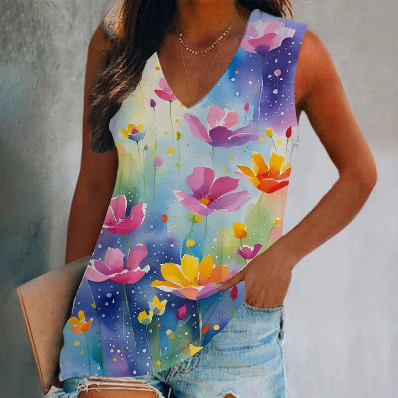 Oil Painting Flowers 3D Print Tank Tops Women Summer Streetwear Oversized V-Neck Vest Off Shoulder Sleeveless Woman Camisole