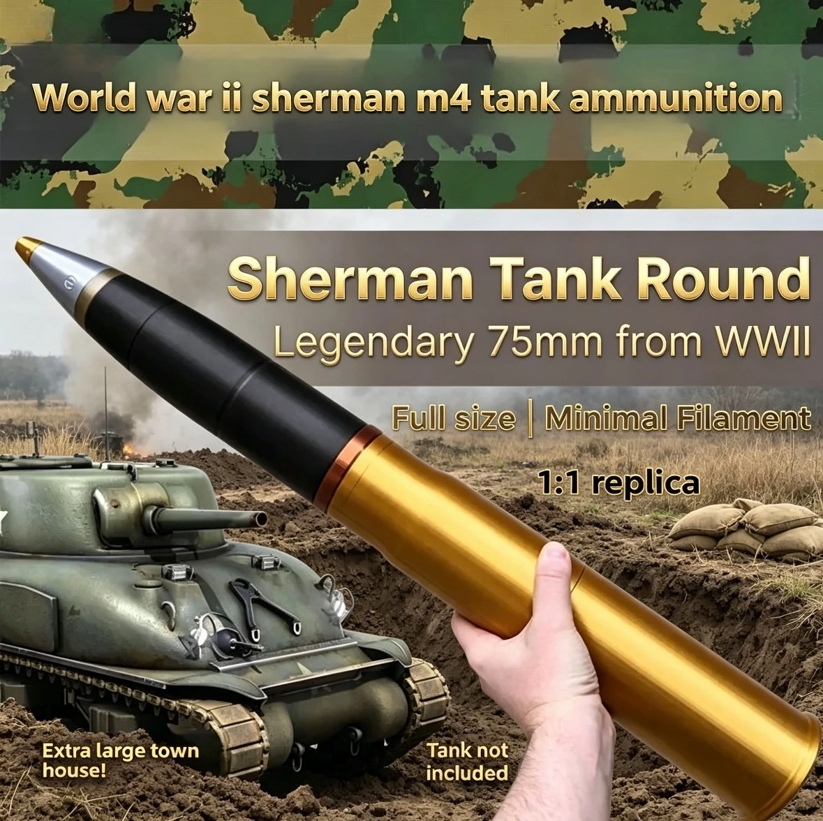 3D Printing Yourself - 68cmの3Dプリント製、第二次世界大戦のシャーマンM4戦車砲弾モデル。ミリタリーファン向けのコレクションオーナメント、ミリタリー弾薬や玩具モデル。
