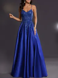 A-Line Applique Sequin Floor Length Classic Spaghetti Straps  Evening Dress Sexy Open Back Lace Up Women Party Banquet Gowns